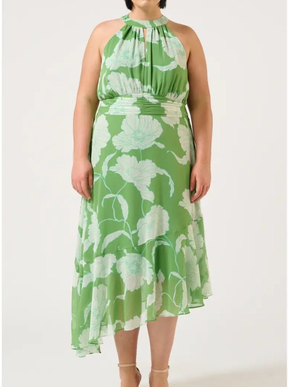 Estelle Seafall Midi Dress Floral Halter Neck Diagonal Hem Lined Green Yellow 2X